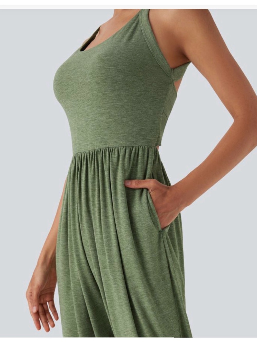 HALARA Olive Green Sleeveless Gathered-Waist Jumpsuit - Picture 5 of 12